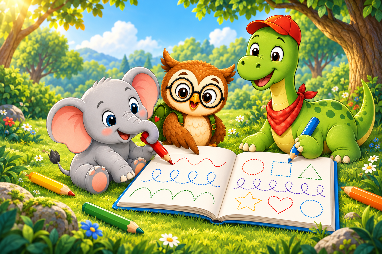 Oli, Brontolino e un piccolo elefante disegnano insieme in una radura del bosco.